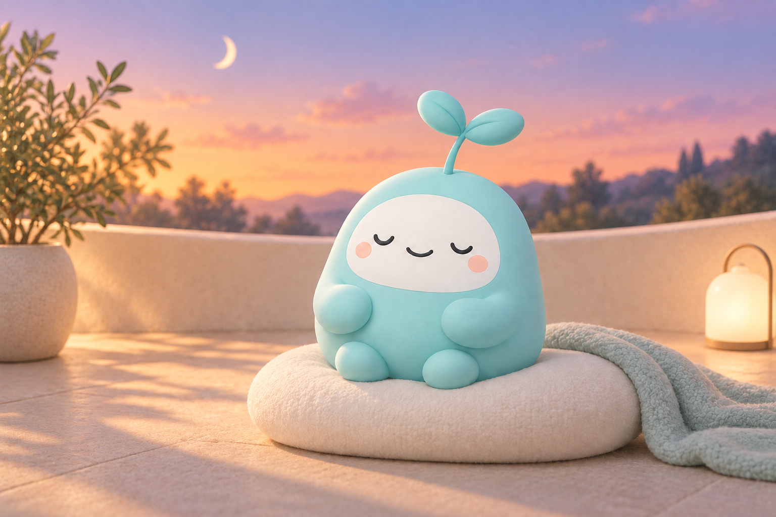 夕暮れのテラスで、クッションに座ってくつろぐNOKO