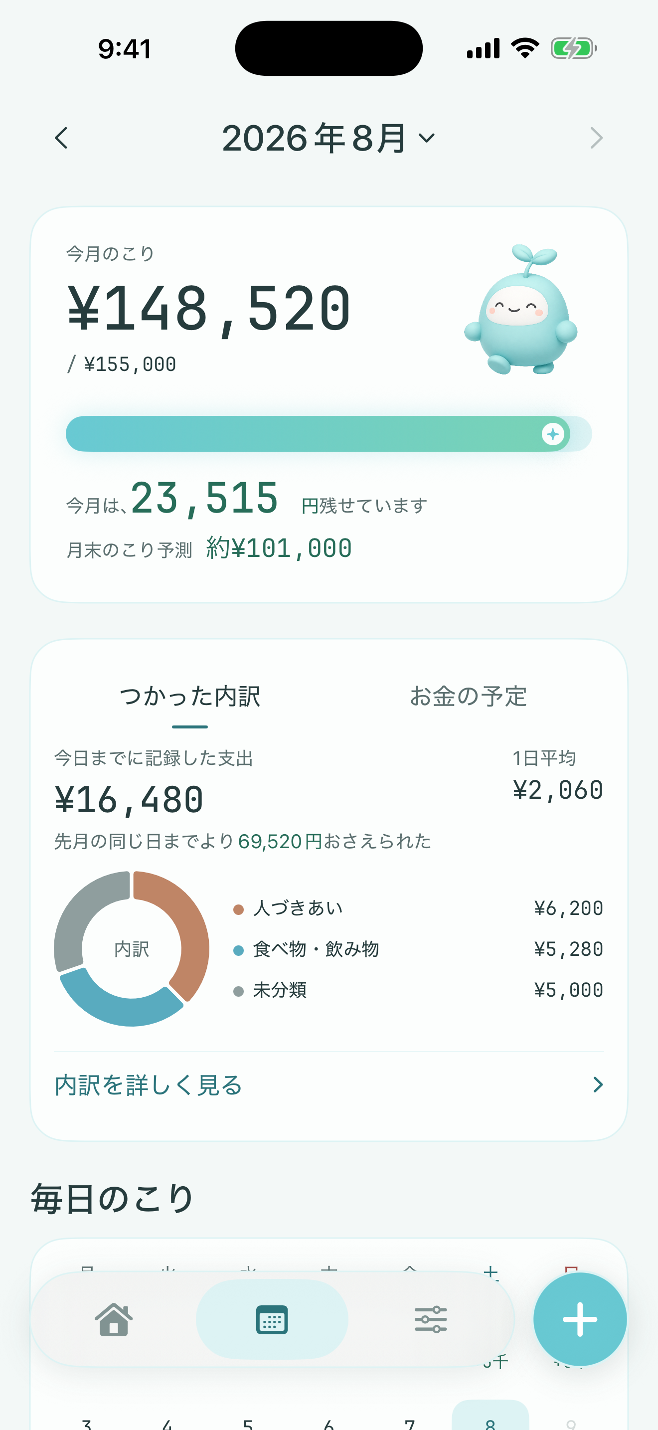今月のこり、のこせたお金、つかった内訳を表示した履歴画面